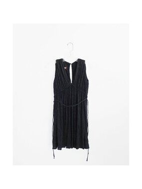 Vtg 60s Bonwit Teller Black Sparkle Pleated Tie Waist Tunic Tent Dress est XS